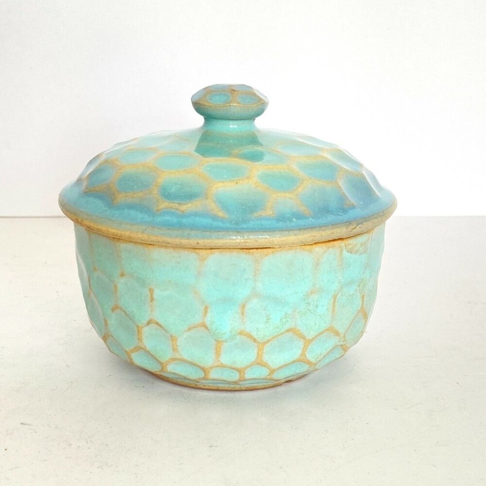 Vintage Celadon Blue Green Honeycomb Glazed Covered Bowl Lid Trinket Box 3.2"